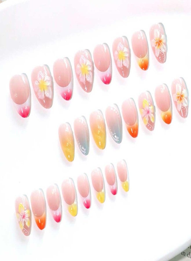 Foccna Press on Nails French Medium, Coloful Fake Nails Almond Acrylic False Nails 3D Flower Design,Artificial Glue on Nails for Women 24pcs - Image 2
